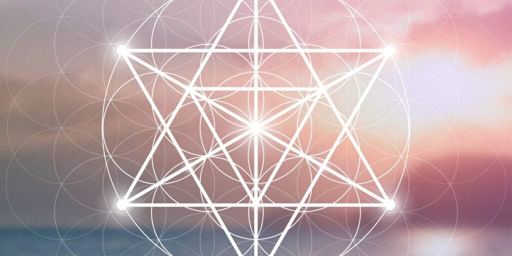 Merkaba sacred geometry spiritual new age futuristic illustration with interlocking circles, triangles and glowing particles in front of blurry natural photographic background Merkaba sacred geometry spiritual new age futuristic illustration with interlocking circles, triangles and glowing particles in front of colorful blurry natural photographic background
