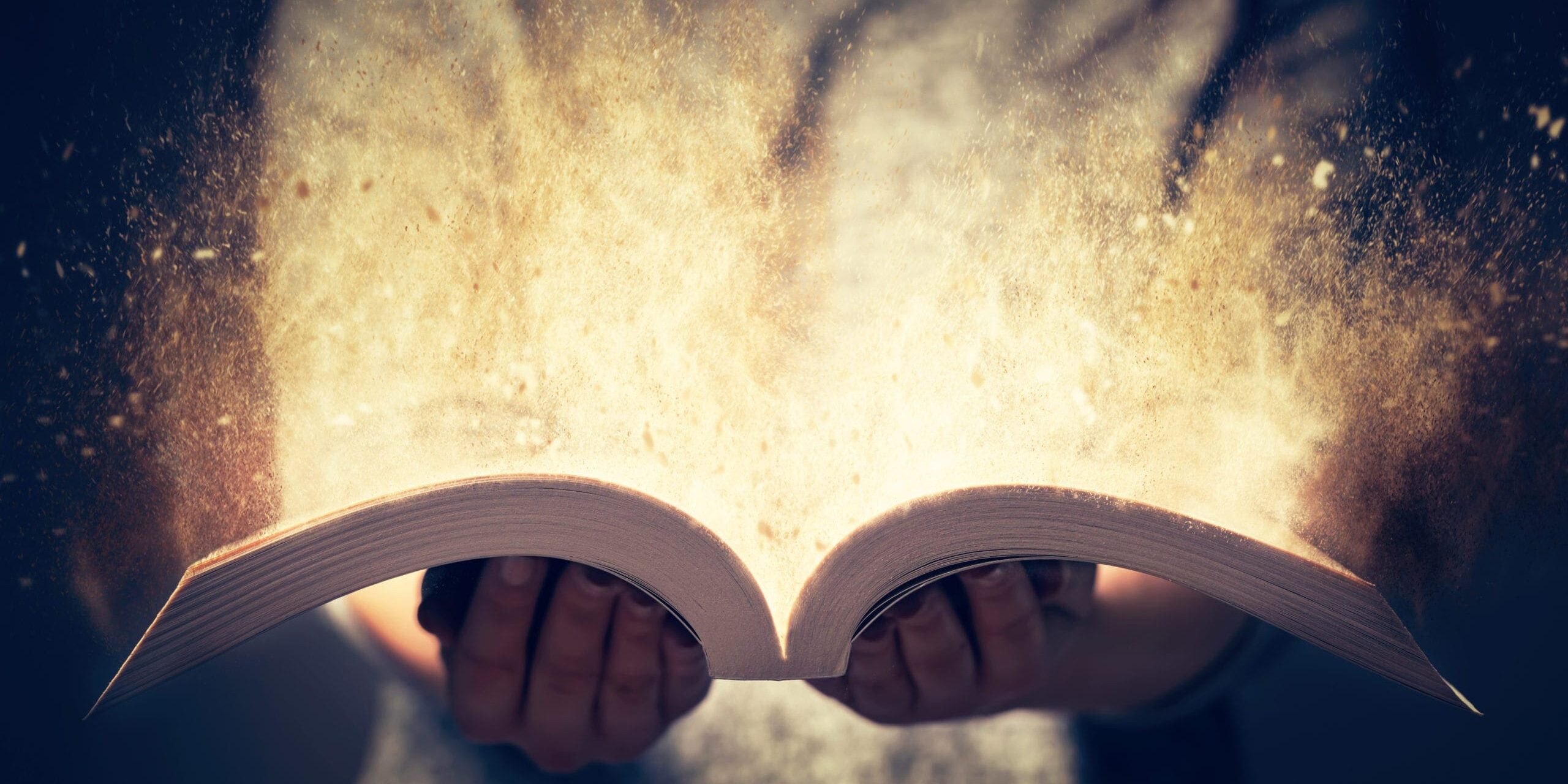 Woman holding an open book bursting with light. Woman holding an open book with two hands. Light coming out of the book as a concept of learning, education, knowledge and religion