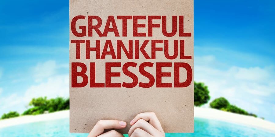 Grateful Thankful Blessed card with a beach on background